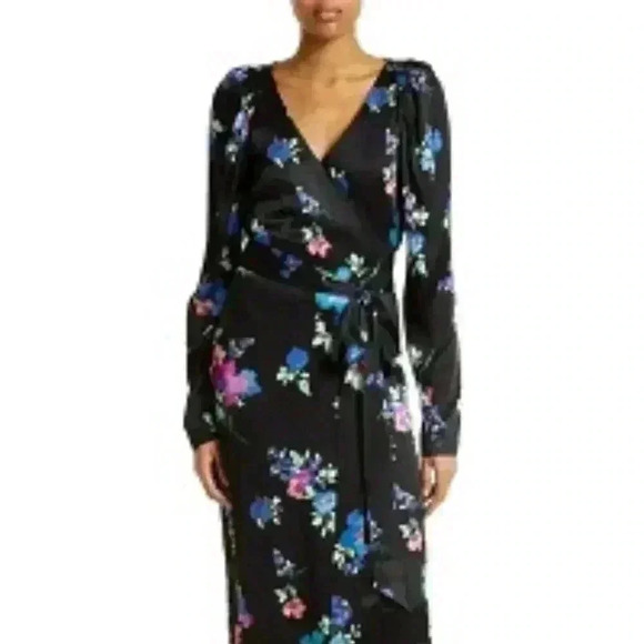 NEW ROTATE BIRGER CHRISTENSEN Black FLORAL PRINT WRAP DRESS - Picture 1 of 14